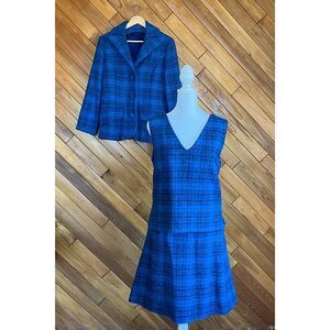 Vintage Blue Plaid Wool Three-Piece Skirt Suit